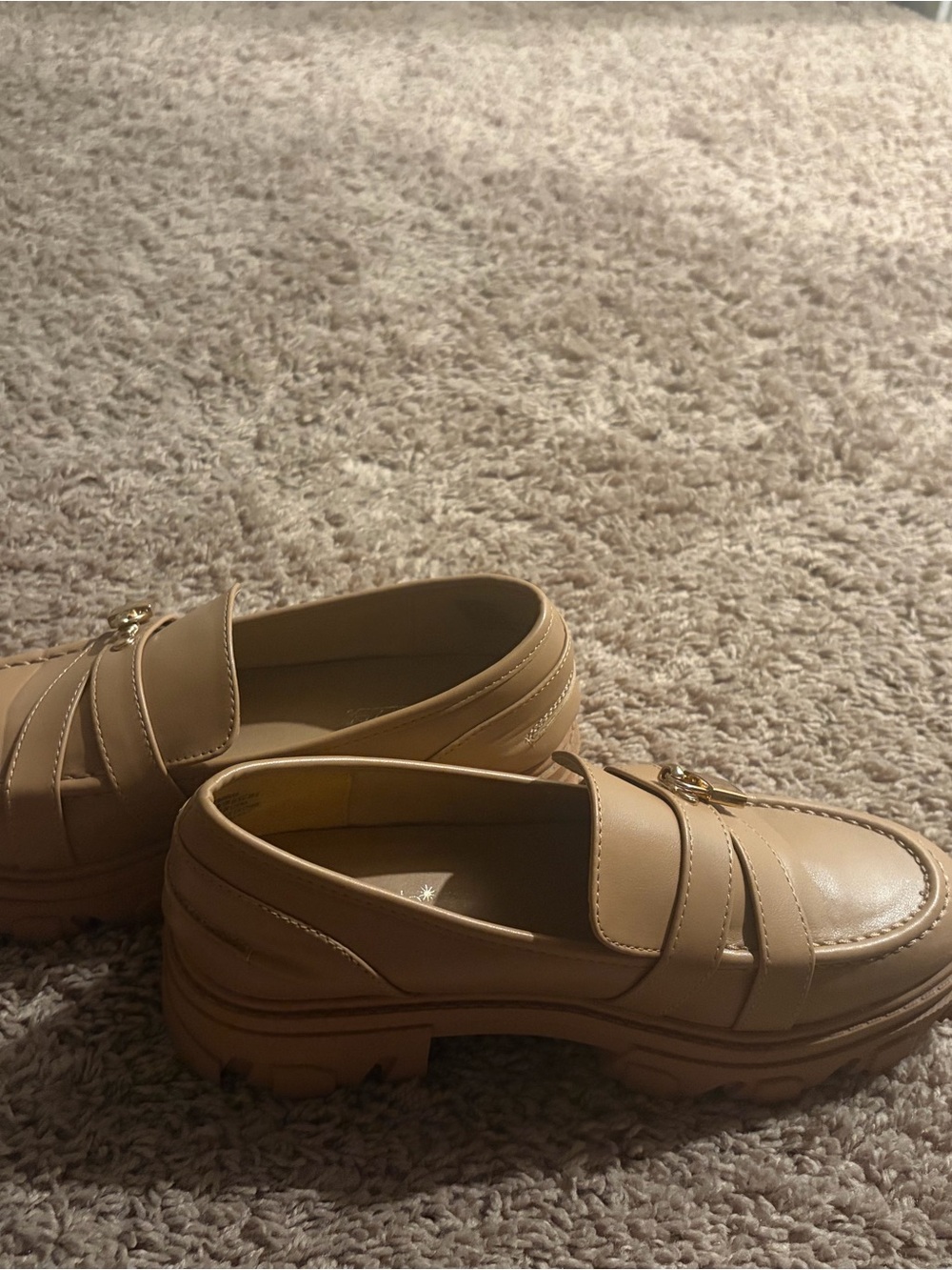 JustFab Tan Chunky Penny Loafers with Gold Accent